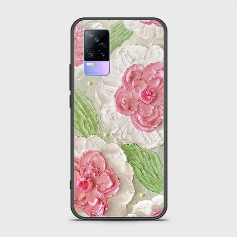 Vivo V21e Cover - Floral Series - Design 13 - Offwhite & Green - HQ Ultra Shine Premium Infinity Glass Soft Silicon Borders Case