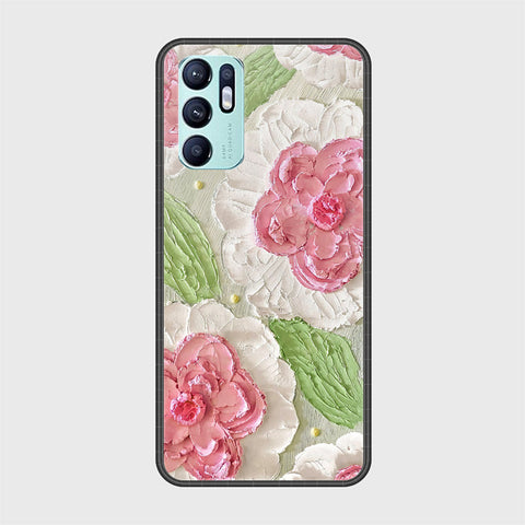 Oppo Reno 6 Cover - Floral Series - Design 13 - Offwhite & Green - HQ Ultra Shine Premium Infinity Glass Soft Silicon Borders Case