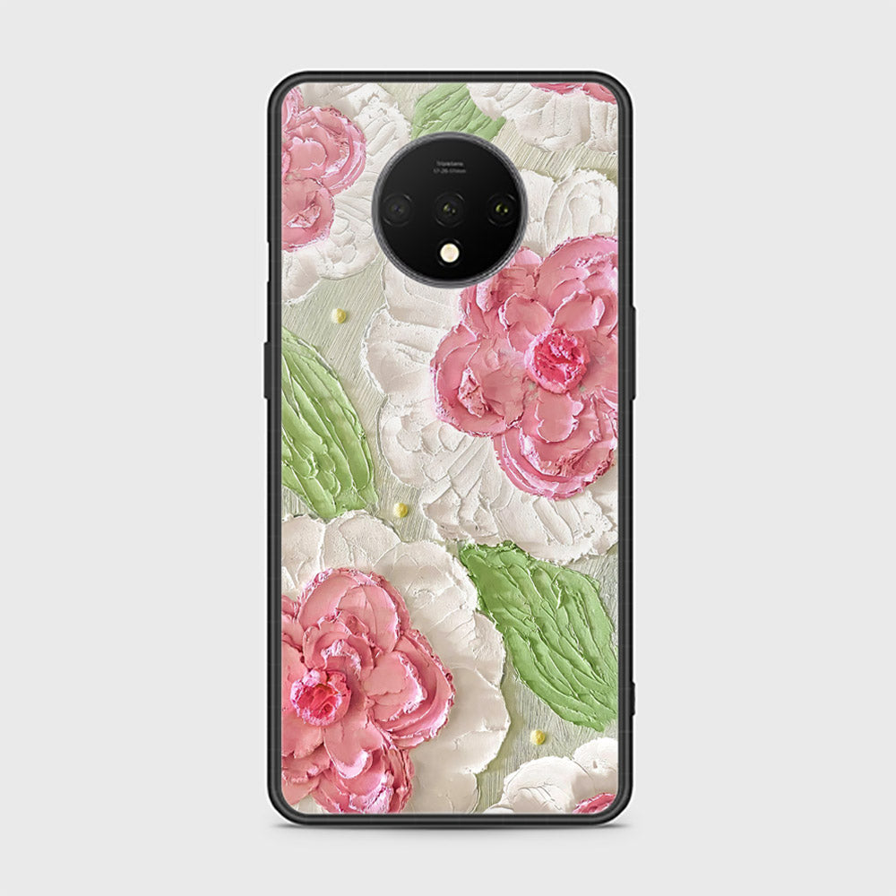 OnePlus 7T Cover - Floral Series - Design 13 - Offwhite & Green - HQ Ultra Shine Premium Infinity Glass Soft Silicon Borders Case