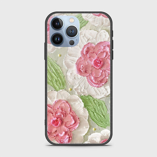iPhone 14 Pro Cover - Floral Series - Design 13 - Offwhite & Green - HQ Ultra Shine Premium Infinity Glass Soft Silicon Borders Case