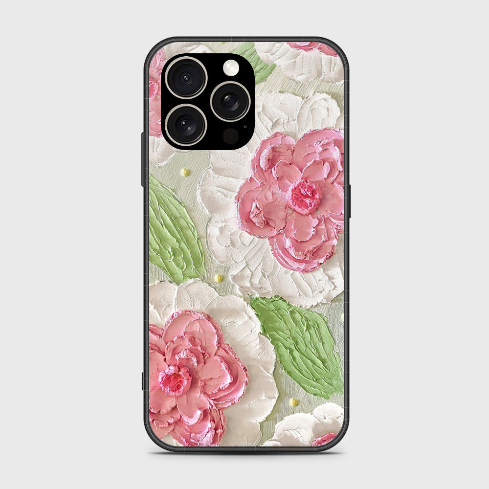 iPhone 15 Pro Cover - Floral Series - Design 13 - Offwhite & Green - HQ Ultra Shine Premium Infinity Glass Soft Silicon Borders Case