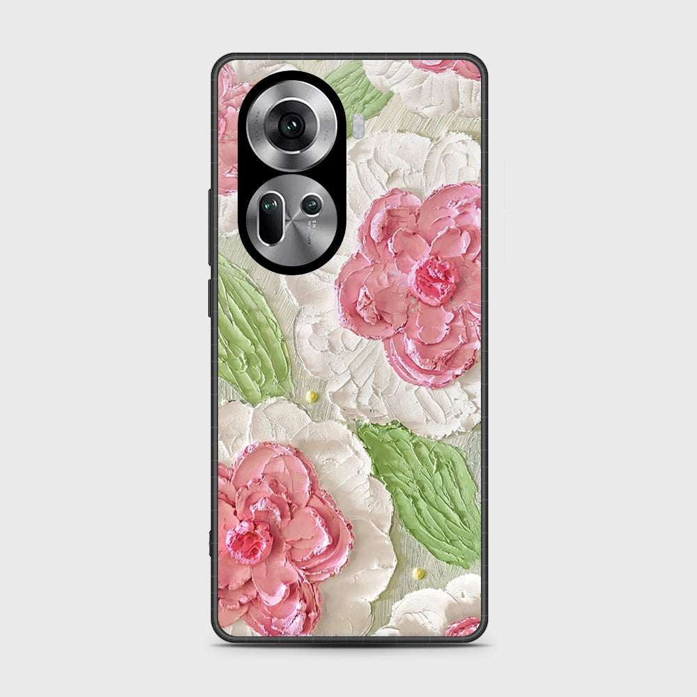 Oppo Reno 11 5G Cover - Floral Series - Design 13 - Offwhite & Green - HQ Ultra Shine Premium Infinity Glass Soft Silicon Borders Case