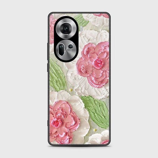 Oppo Reno 11 5G Cover - Floral Series - Design 13 - Offwhite & Green - HQ Ultra Shine Premium Infinity Glass Soft Silicon Borders Case