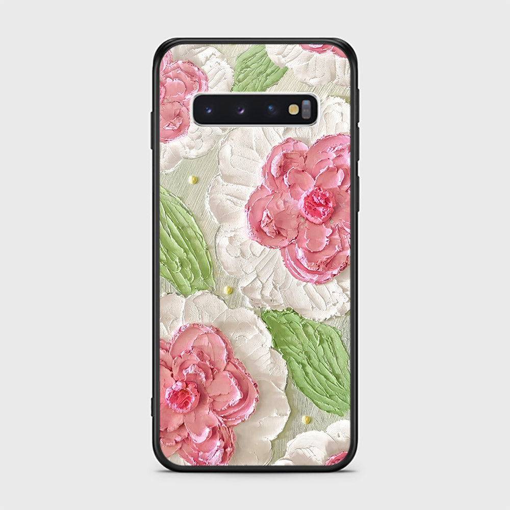 Samsung Galaxy S10 Cover - Floral Series - Design 13 - Offwhite & Green - HQ Ultra Shine Premium Infinity Glass Soft Silicon Borders Case