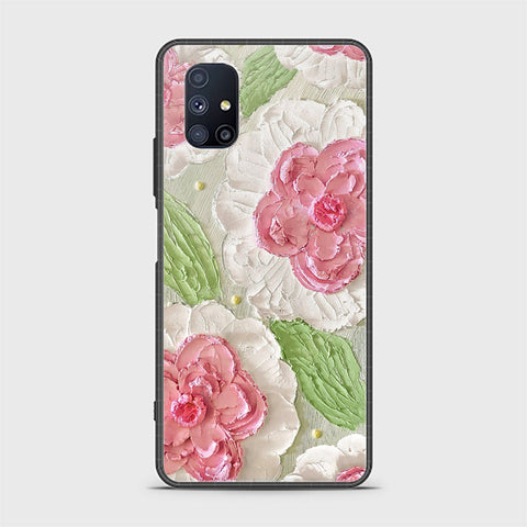 Samsung Galaxy M51 Cover - Floral Series - Design 13 - Offwhite & Green - HQ Ultra Shine Premium Infinity Glass Soft Silicon Borders Case