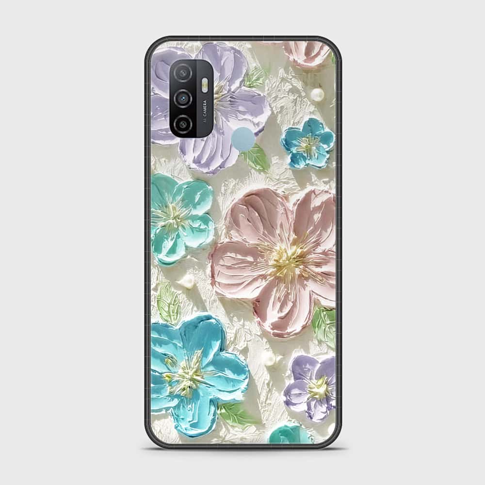 Oppo A53 Cover - Floral Series - Design 14 - Blue & Purple- HQ Ultra Shine Premium Infinity Glass Soft Silicon Borders Case