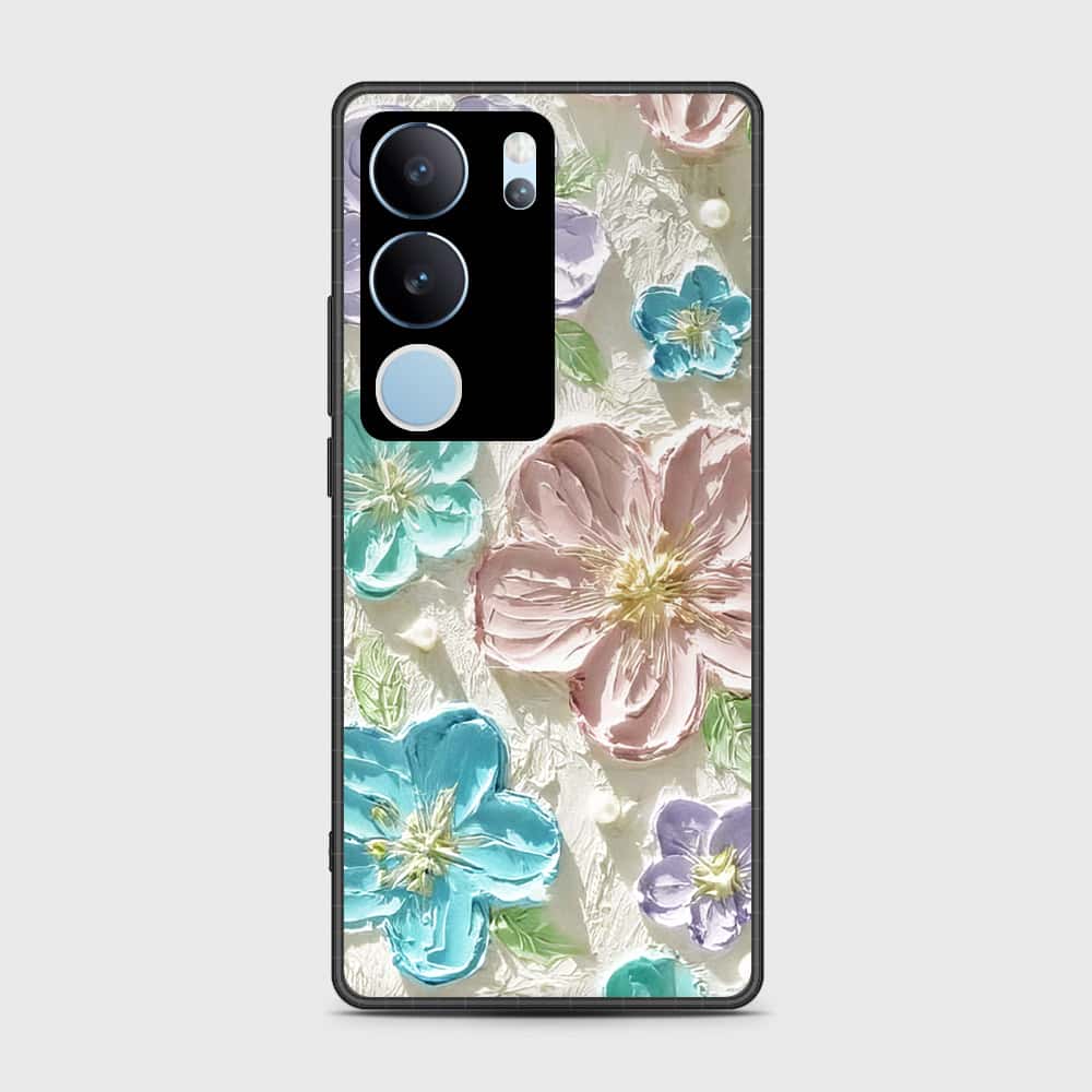Vivo V29 Cover - Floral Series - Design 14 - Blue & Purple - HQ Ultra Shine Premium Infinity Glass Soft Silicon Borders Case