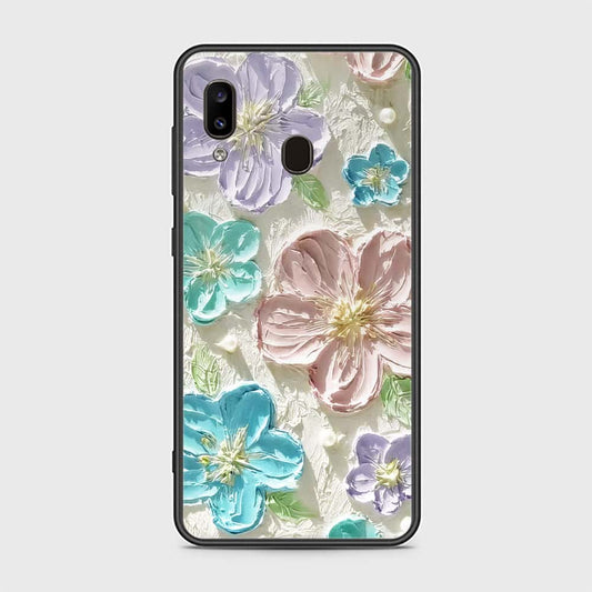 Samsung Galaxy A20 Cover - Floral Series - Design 14 - Blue & Purple - HQ Ultra Shine Premium Infinity Glass Soft Silicon Borders Case