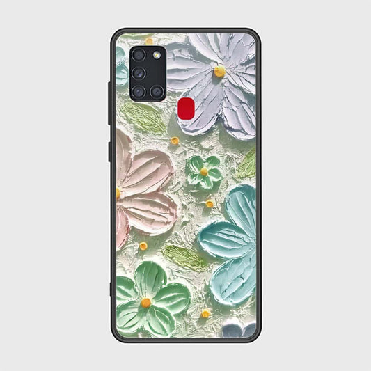 Samsung Galaxy A21s Cover - Floral Series - Design 15 - Blue & Green - HQ Ultra Shine Premium Infinity Glass Soft Silicon Borders Case