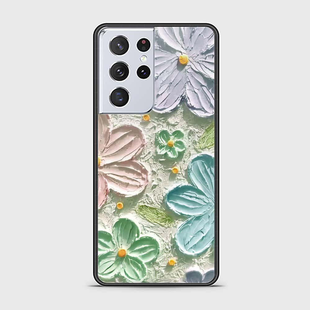 Samsung Galaxy S21 Ultra 5G Cover - Floral Series - Design 15 - Blue & Green - HQ Ultra Shine Premium Infinity Glass Soft Silicon Borders Case