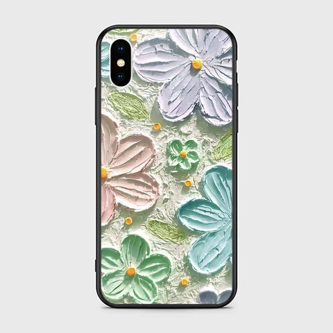 iPhone XS / X Cover - Floral Series - Design 15 - Blue & Green - HQ Ultra Shine Premium Infinity Glass Soft Silicon Borders Case