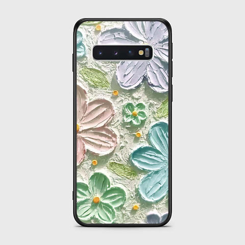 Samsung Galaxy S10 Cover - Floral Series - Design 15 - Blue & Green - HQ Ultra Shine Premium Infinity Glass Soft Silicon Borders Case