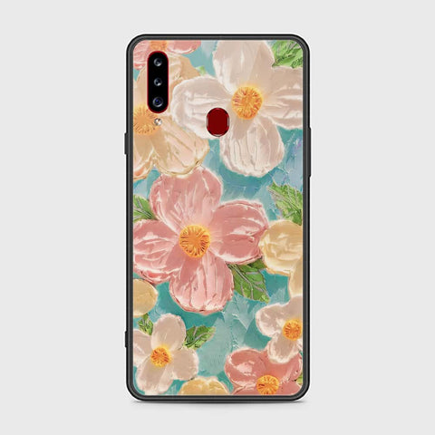 Samsung Galaxy A20s Cover - Floral Series - Design 16 - Cyan & Pink - HQ Ultra Shine Premium Infinity Glass Soft Silicon Borders Case
