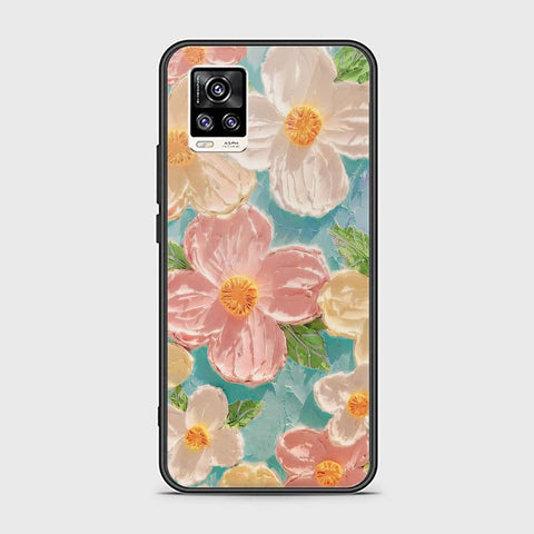 Vivo V20 Cover - Floral Series - Design 16 - Cyan & Pink - HQ Ultra Shine Premium Infinity Glass Soft Silicon Borders Case