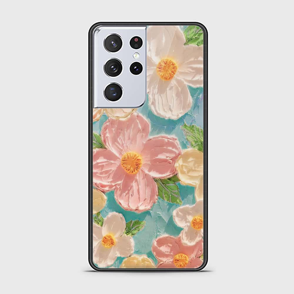 Samsung Galaxy S21 Ultra 5G Cover - Floral Series - Design 16 - Cyan & Pink - HQ Ultra Shine Premium Infinity Glass Soft Silicon Borders Case