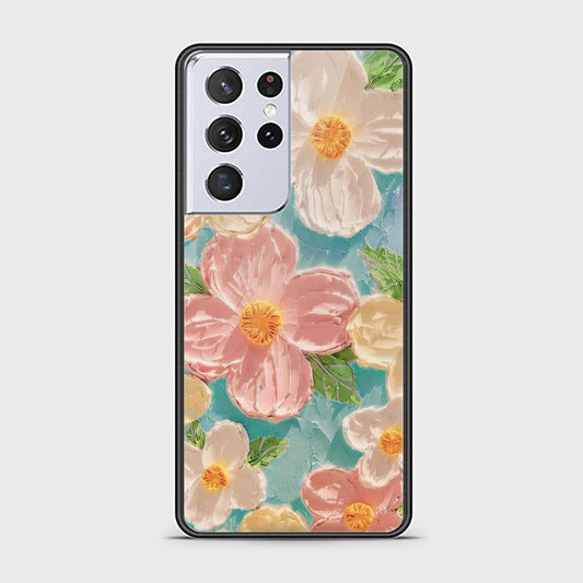 Samsung Galaxy S21 Ultra 5G Cover - Floral Series - Design 16 - Cyan & Pink - HQ Ultra Shine Premium Infinity Glass Soft Silicon Borders Case