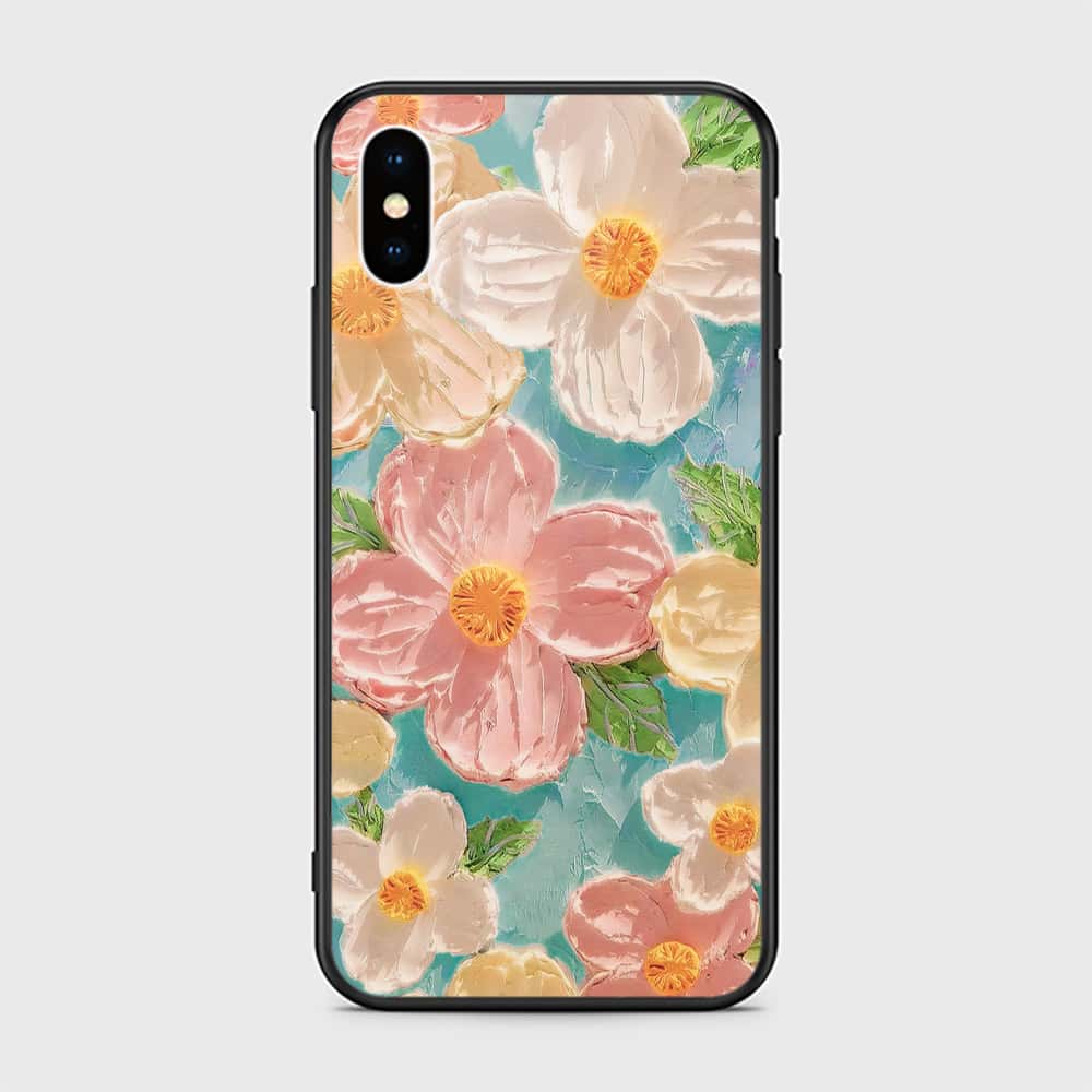 iPhone XS / X Cover - Floral Series - Design 16 - Cyan & Pink - HQ Ultra Shine Premium Infinity Glass Soft Silicon Borders Case