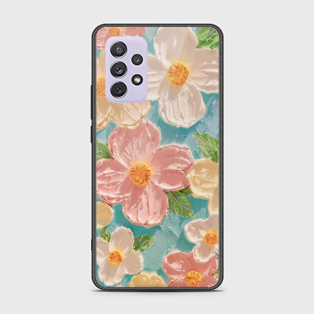 Samsung Galaxy A72 Cover - Floral Series - Design 16 - Cyan & Pink - HQ Ultra Shine Premium Infinity Glass Soft Silicon Borders Case