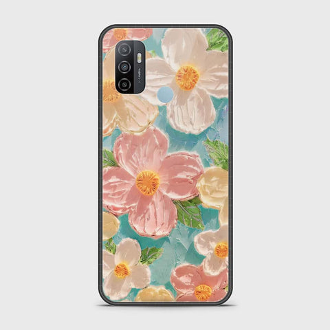 Oppo A53 Cover - Floral Series - Design 16 - Cyan & Pink - HQ Ultra Shine Premium Infinity Glass Soft Silicon Borders Case