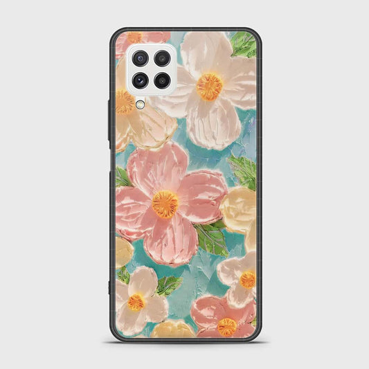 Samsung Galaxy A22 Cover - Floral Series - Design 16 - Cyan & Pink - HQ Ultra Shine Premium Infinity Glass Soft Silicon Borders Case