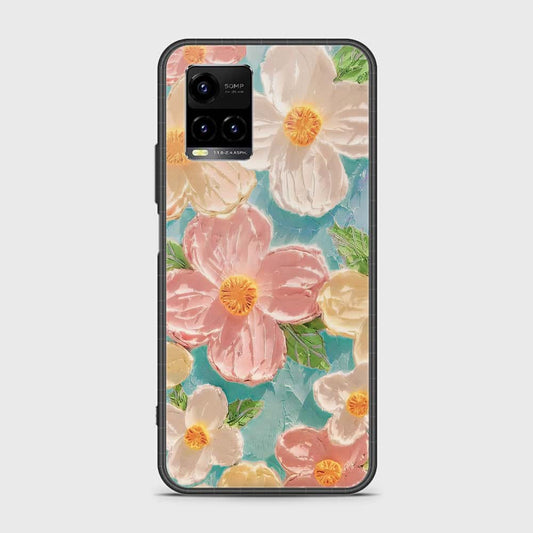 Vivo Y21 Cover - Floral Series - Design 16 - Cyan & Pink - HQ Ultra Shine Premium Infinity Glass Soft Silicon Borders Case