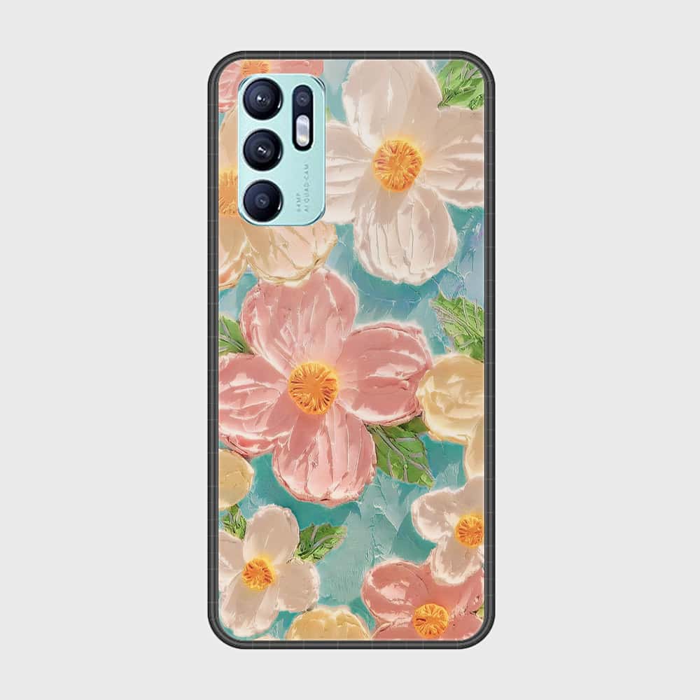 Oppo Reno 6 Cover - Floral Series - Design 16 - Cyan & Pink - HQ Ultra Shine Premium Infinity Glass Soft Silicon Borders Case