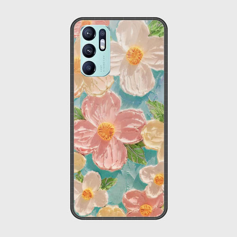 Oppo Reno 6 Cover - Floral Series - Design 16 - Cyan & Pink - HQ Ultra Shine Premium Infinity Glass Soft Silicon Borders Case