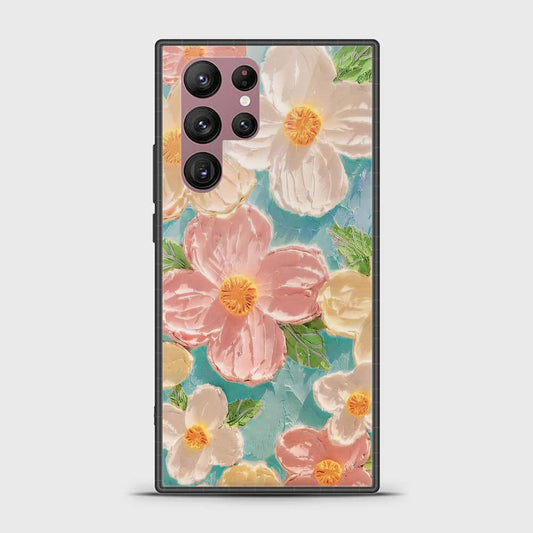 Samsung Galaxy S22 Ultra 5G Cover - Floral Series - Design 16 - Cyan & Pink - HQ Ultra Shine Premium Infinity Glass Soft Silicon Borders Case
