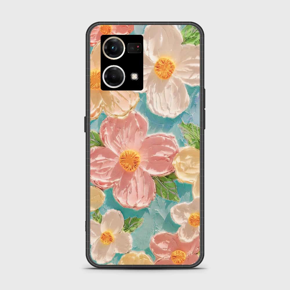 Oppo F21 Pro 4G Cover - Floral Series - Design 16 - Cyan & Pink - HQ Ultra Shine Premium Infinity Glass Soft Silicon Borders Case (Fast Delivery)
