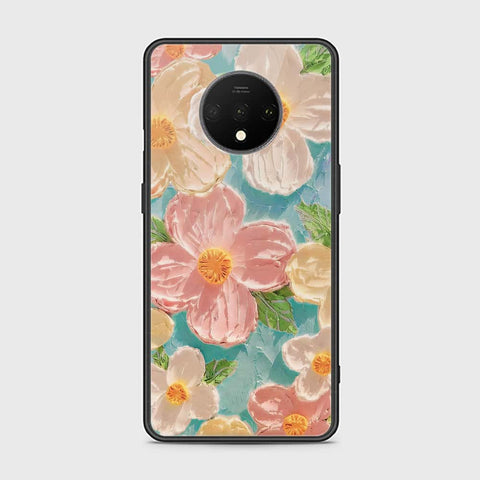 OnePlus 7T Cover - Floral Series - Design 16 - Cyan & Pink - HQ Ultra Shine Premium Infinity Glass Soft Silicon Borders Case