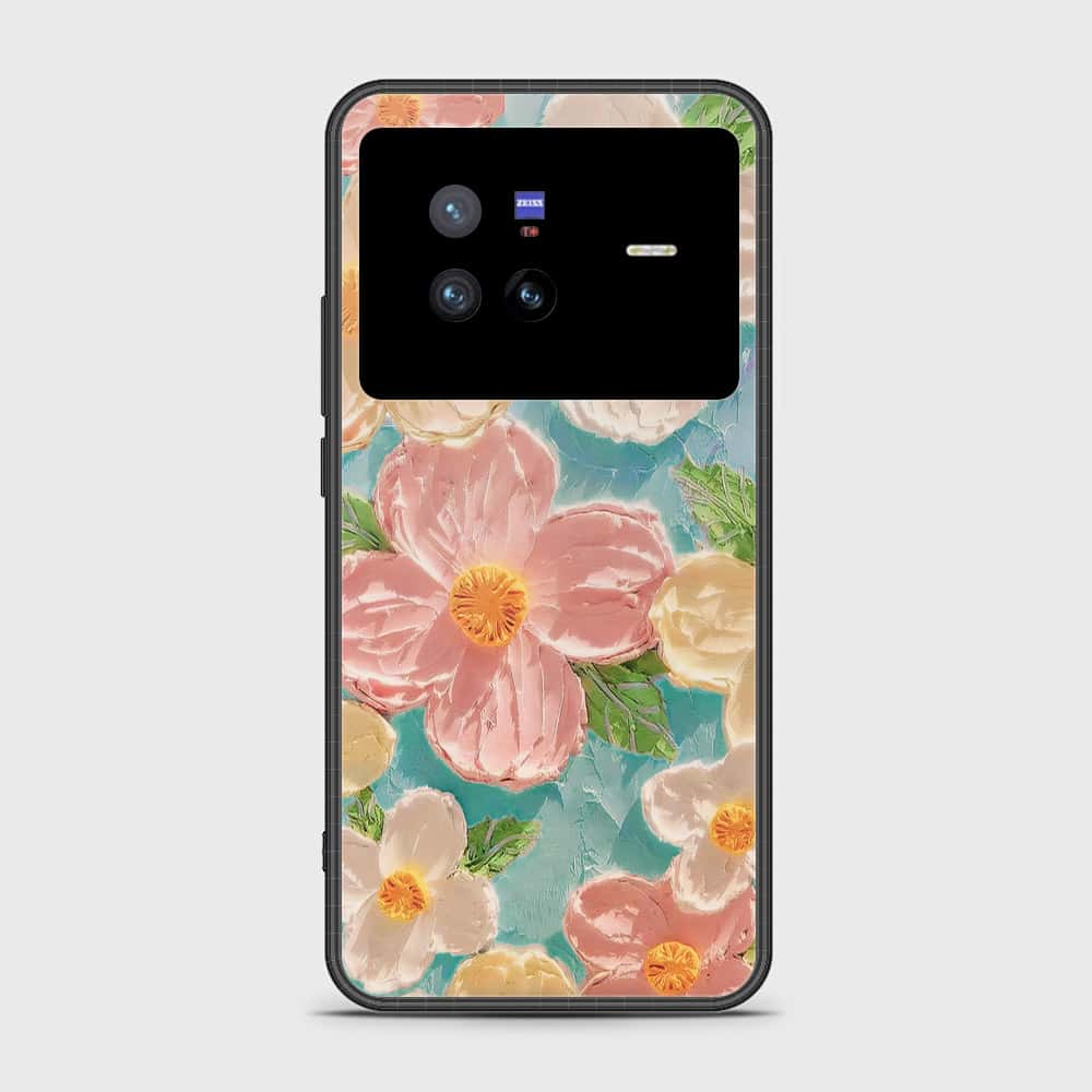 Vivo X80 Cover - Floral Series - Design 16 - Cyan & Pink - HQ Ultra Shine Premium Infinity Glass Soft Silicon Borders Case