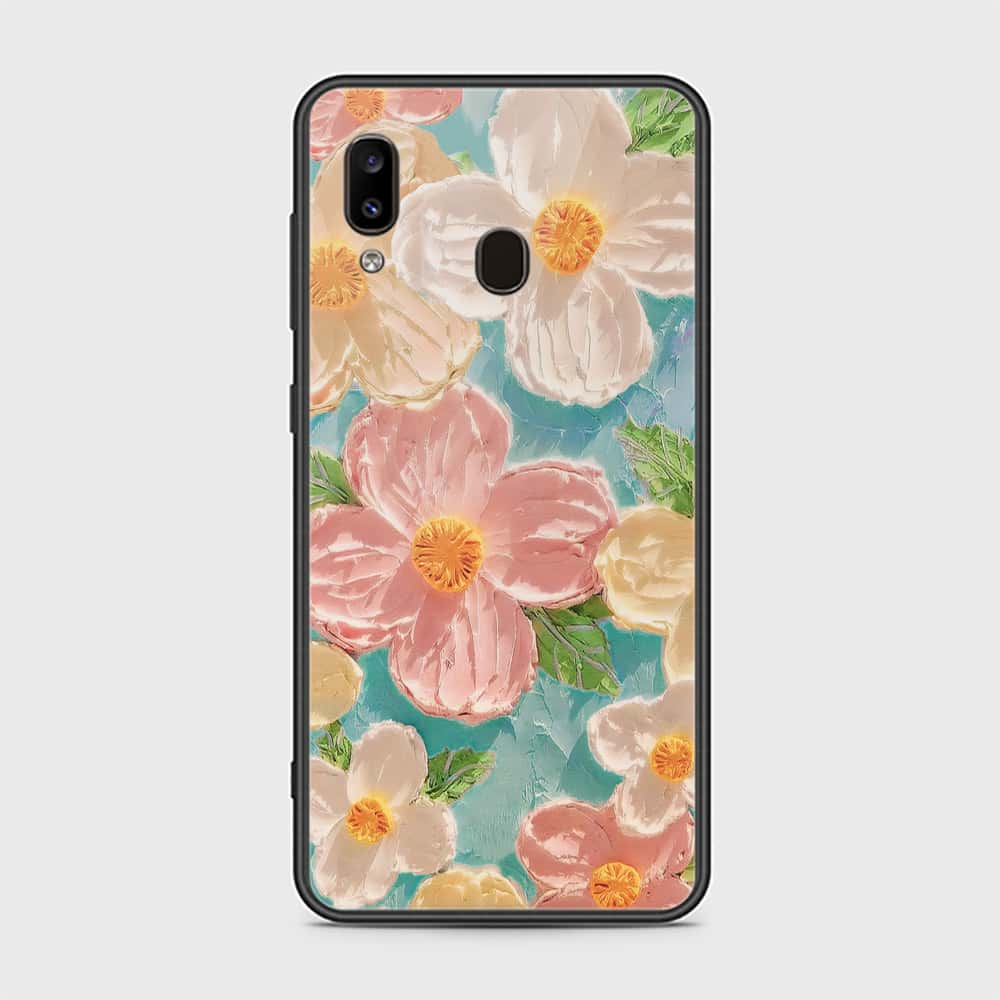 Samsung Galaxy A20 Cover - Floral Series - Design 16 - Cyan & Pink - HQ Ultra Shine Premium Infinity Glass Soft Silicon Borders Case