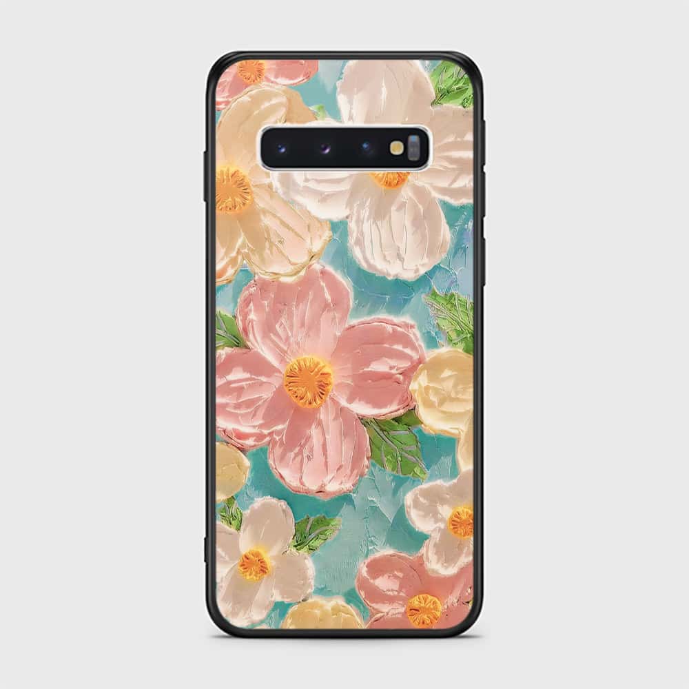 Samsung Galaxy S10 Cover - Floral Series - Design 16 - Cyan & Pink - HQ Ultra Shine Premium Infinity Glass Soft Silicon Borders Case