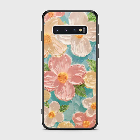 Samsung Galaxy S10 Cover - Floral Series - Design 16 - Cyan & Pink - HQ Ultra Shine Premium Infinity Glass Soft Silicon Borders Case