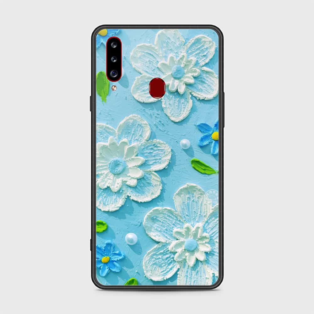 Samsung Galaxy A20s Cover - Floral Series - Design 3 - Sky Blue - HQ Ultra Shine Premium Infinity Glass Soft Silicon Borders Case