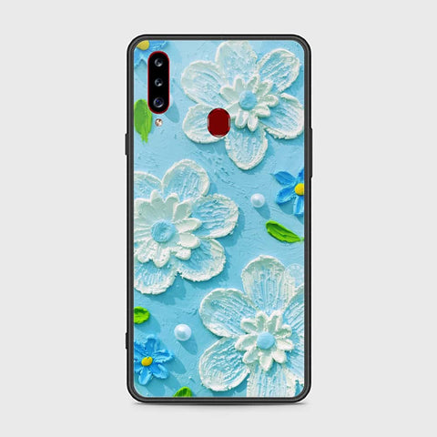 Samsung Galaxy A20s Cover - Floral Series - Design 3 - Sky Blue - HQ Ultra Shine Premium Infinity Glass Soft Silicon Borders Case