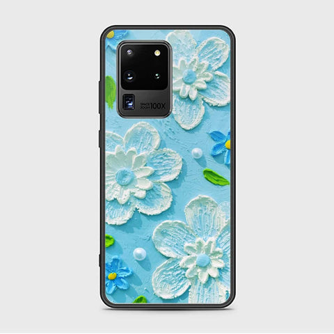 Samsung Galaxy S20 Ultra Cover - Floral Series - Design 3 - Sky Blue - HQ Ultra Shine Premium Infinity Glass Soft Silicon Borders Case