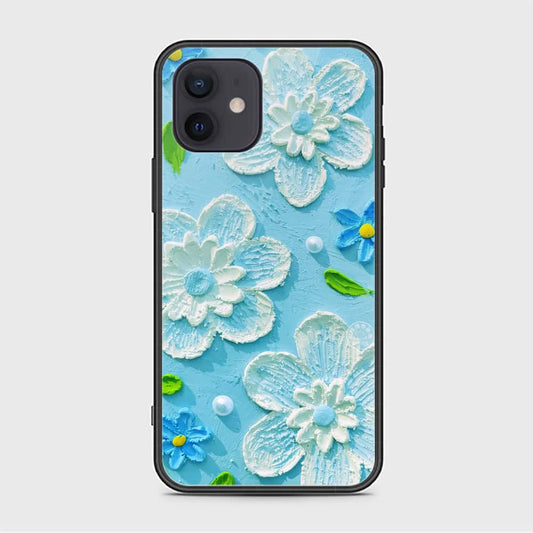 iPhone 12 Mini Cover - Floral Series - Design 3 - Sky Blue - HQ Ultra Shine Premium Infinity Glass Soft Silicon Borders Case (Fast Delivery)(N)