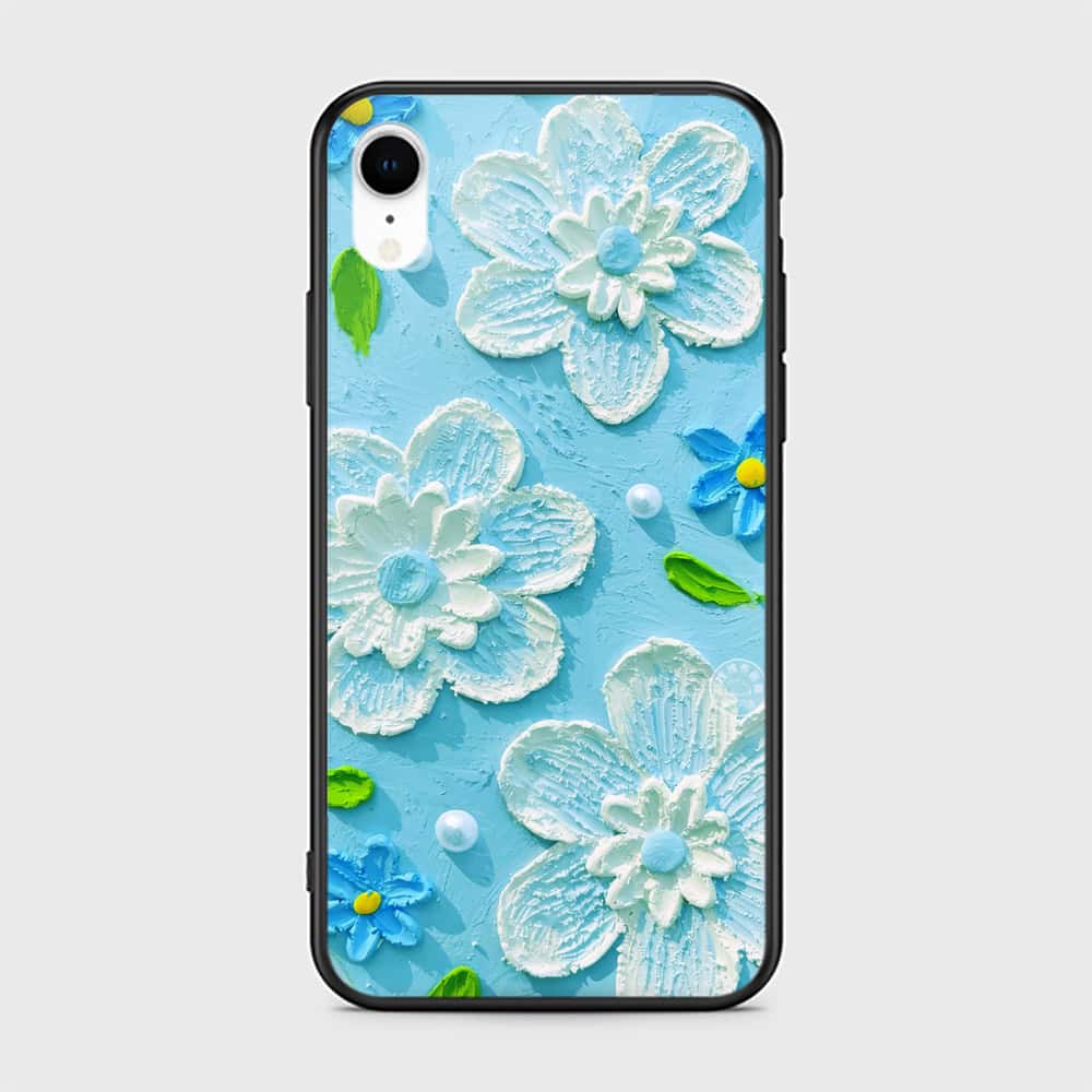 iPhone XR Cover - Floral Series - Design 3 - Sky Blue - HQ Ultra Shine Premium Infinity Glass Soft Silicon Borders Case
