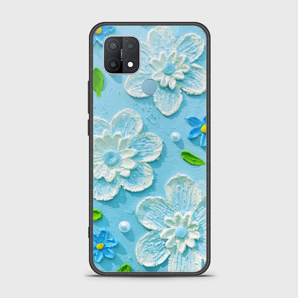 Oppo A15 Cover - Floral Series - Design 3 - Sky Blue - HQ Ultra Shine Premium Infinity Glass Soft Silicon Borders Case