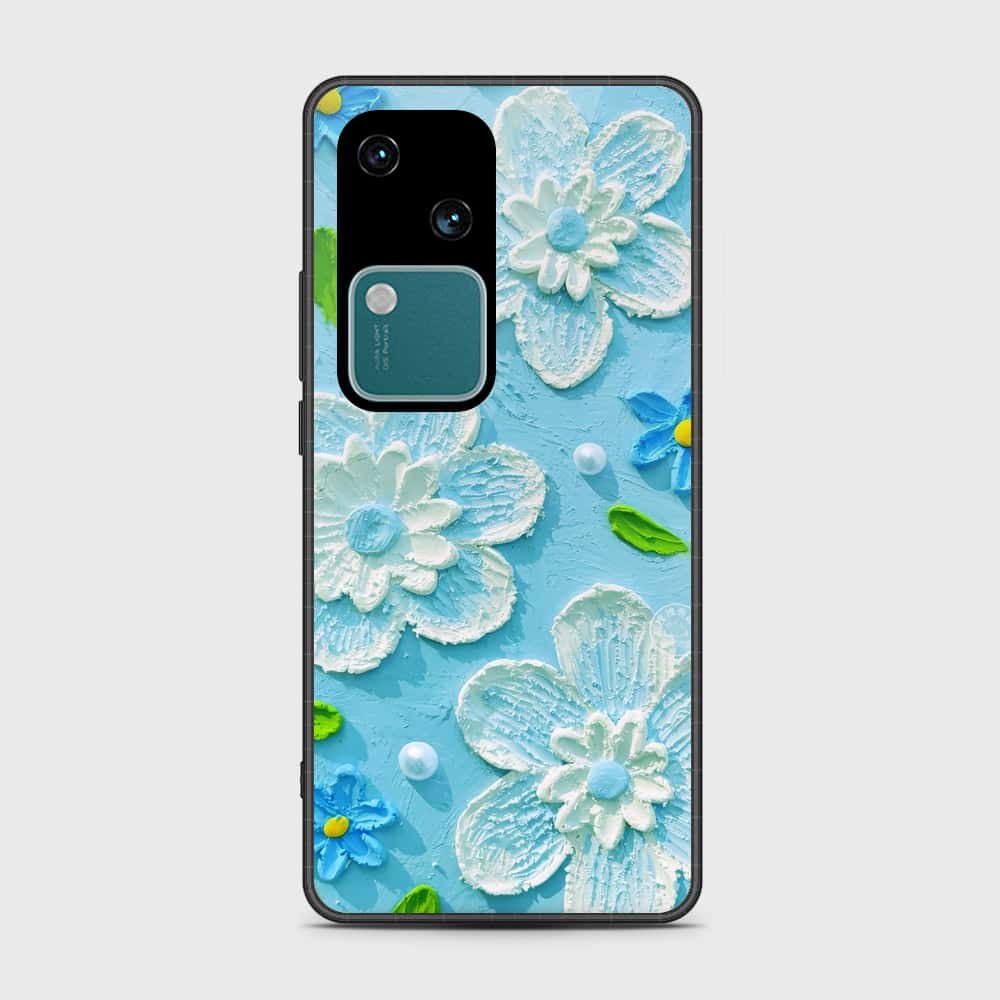 Vivo S18 Cover - Floral Series - Design 3 - Sky Blue - HQ Ultra Shine Premium Infinity Glass Soft Silicon Borders Case