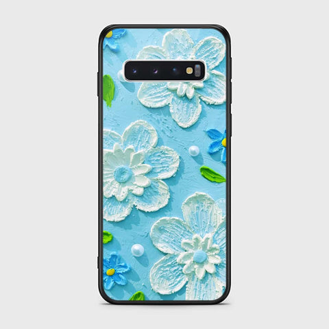 Samsung Galaxy S10 Cover - Floral Series - Design 3 - Sky Blue - HQ Ultra Shine Premium Infinity Glass Soft Silicon Borders Case
