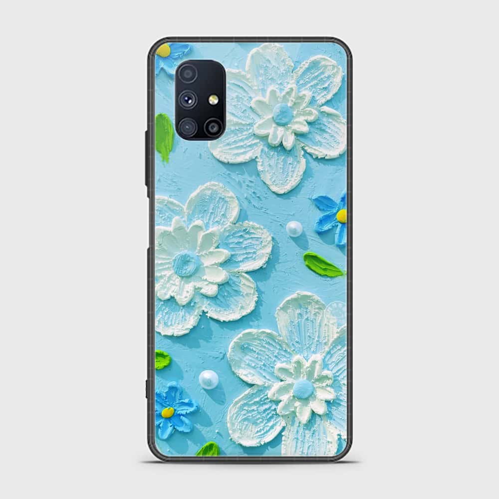 Samsung Galaxy M51 Cover - Floral Series - Design 3 - Sky Blue - HQ Ultra Shine Premium Infinity Glass Soft Silicon Borders Case