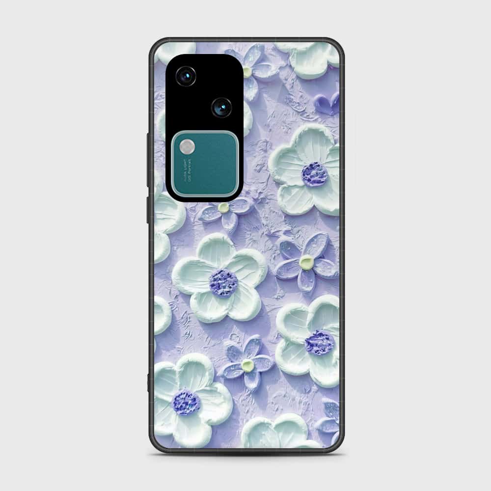 Vivo S18 Cover - Floral Series - Design 4 - Purple & White - HQ Ultra Shine Premium Infinity Glass Soft Silicon Borders Case