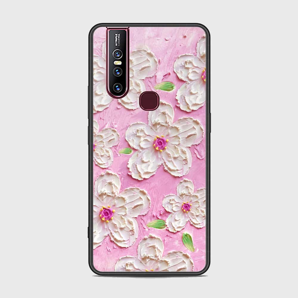 Vivo V15 Cover - Floral Series - Design 5 - Pink & White - HQ Ultra Shine Premium Infinity Glass Soft Silicon Borders Case
