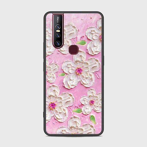 Vivo V15 Cover - Floral Series - Design 5 - Pink & White - HQ Ultra Shine Premium Infinity Glass Soft Silicon Borders Case