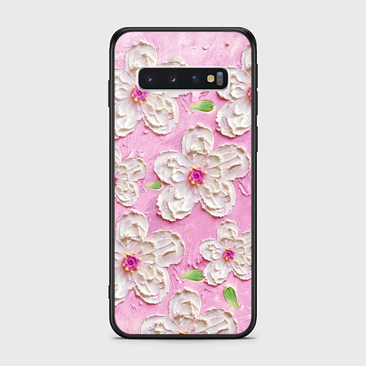 Samsung Galaxy S10 Cover - Floral Series - Design 5 - Pink & White - HQ Ultra Shine Premium Infinity Glass Soft Silicon Borders Case