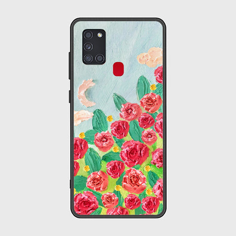 Samsung Galaxy A21s Cover - Floral Series - Design 10 - Red & Green - HQ Ultra Shine Premium Infinity Glass Soft Silicon Borders Case