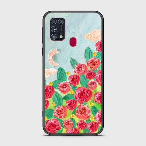 Samsung Galaxy M31 Cover - Floral Series - Design 10 - Red & Green - HQ Ultra Shine Premium Infinity Glass Soft Silicon Borders Case
