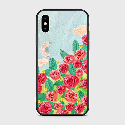 iPhone XS / X Cover - Floral Series - Design 10 - Red & Green - HQ Ultra Shine Premium Infinity Glass Soft Silicon Borders Case